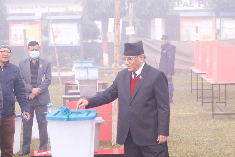 Maoist Chair Prachanda votes in Chitwan