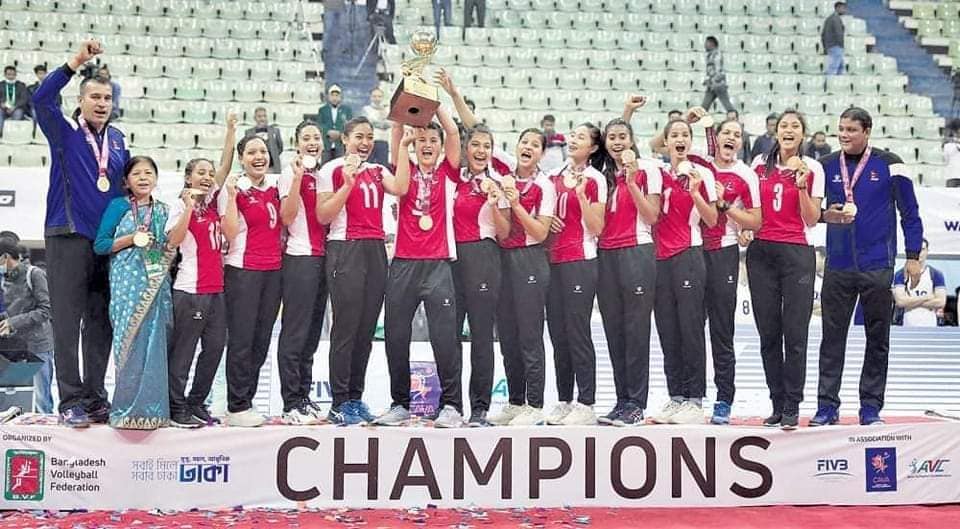 Nepali women’s volleyball team returns home as victors