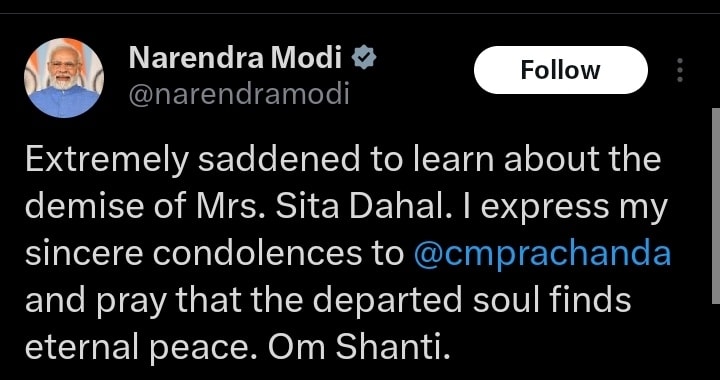 Indian PM Modi condoles demise of Sita Dahal
