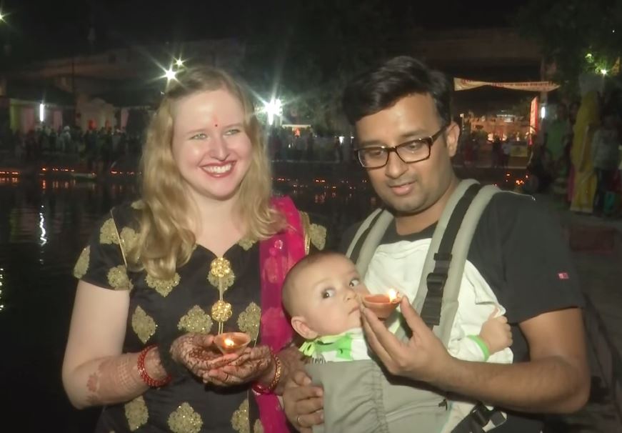 German woman performs Chhath Puja with husband