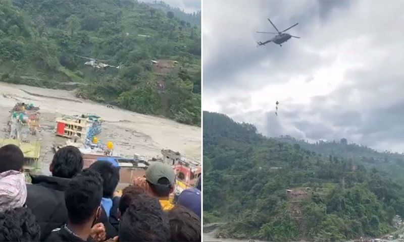 Nepal Army uses helicopter to rescue two from hotel roof in Melamchi