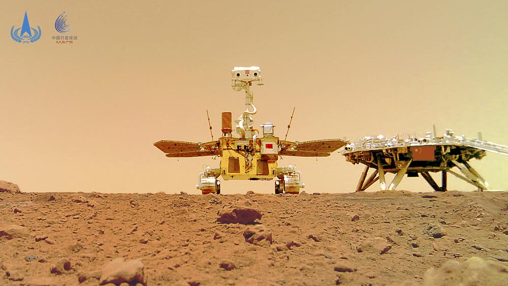 Chinese rover on dusty, rocky Martian surface