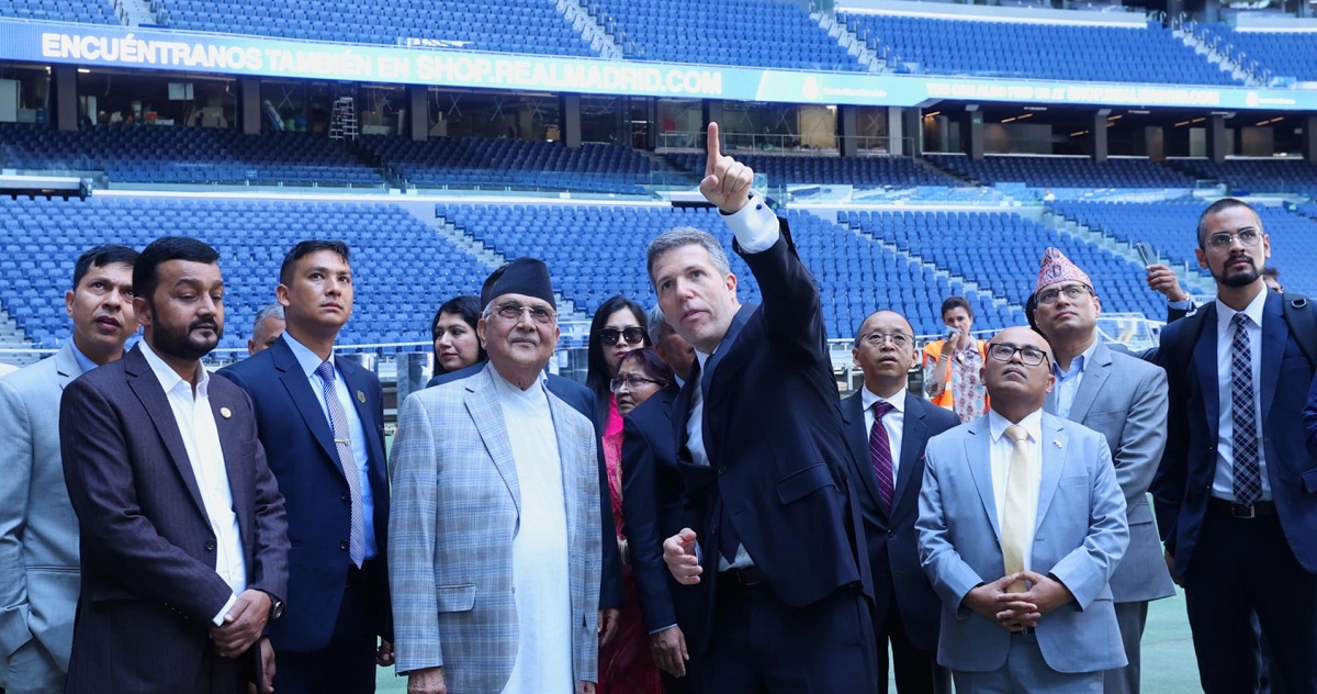 PM Oli visits Real Madrid’s Santiago Bernabéu Stadium, receives club jersey as gift