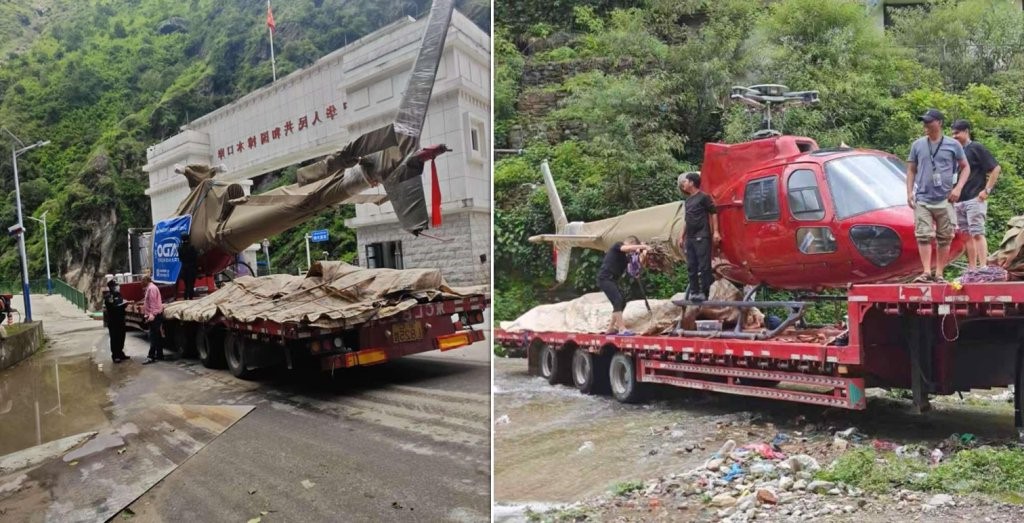 First-ever helicopter imported via Tatopani border, under inspection at customs