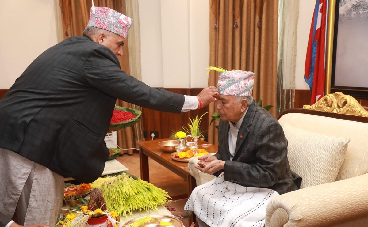 President Paudel receives Dashain Tika
