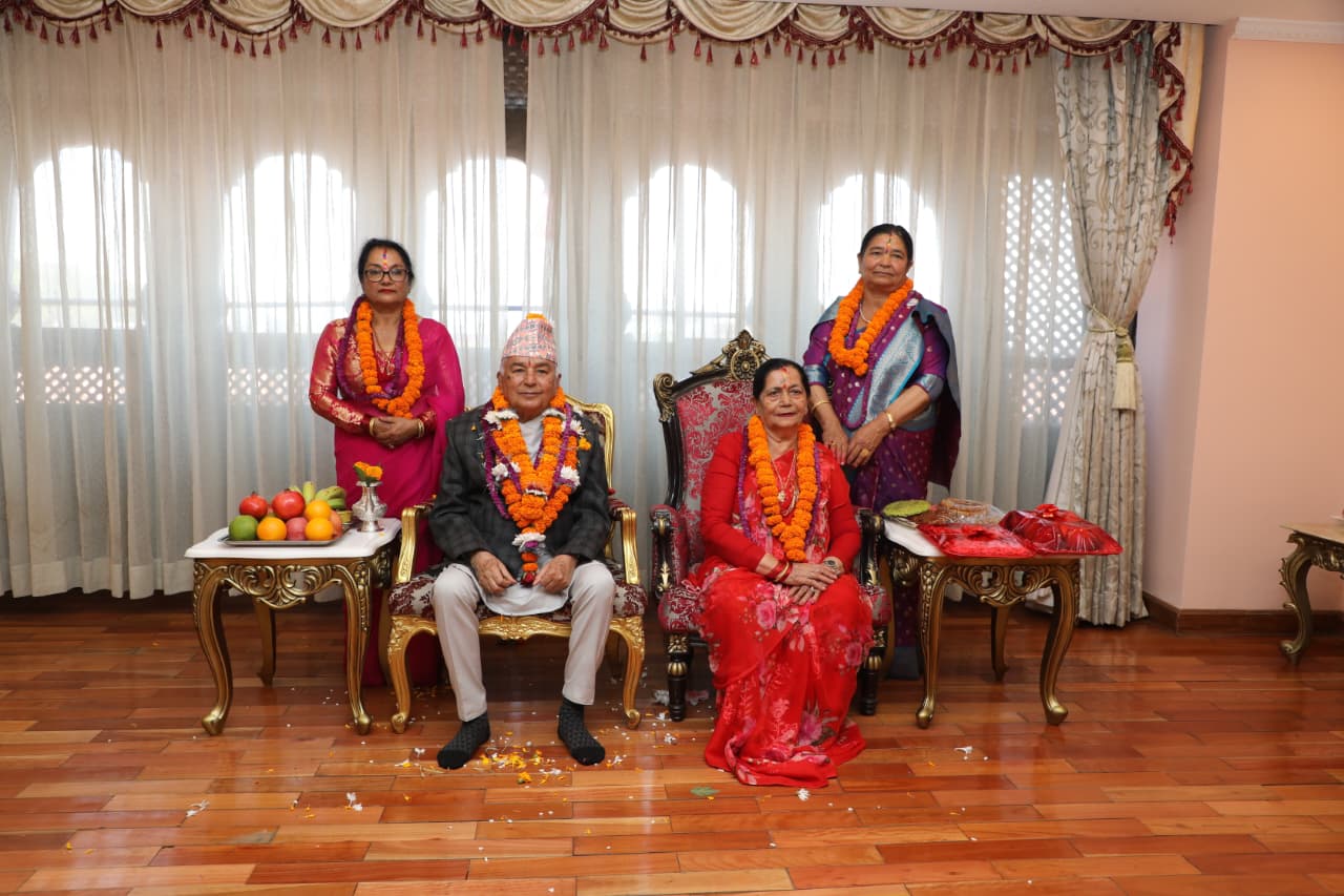 President Paudel receives Tihar Tika from sisters at auspicious hour