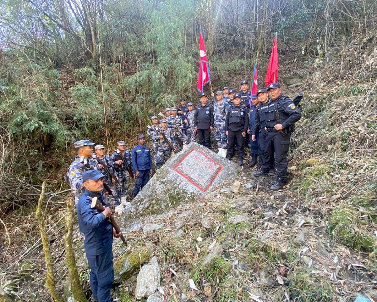 Border security units from Nepal and China take stock of border pillars at Bhotkhola