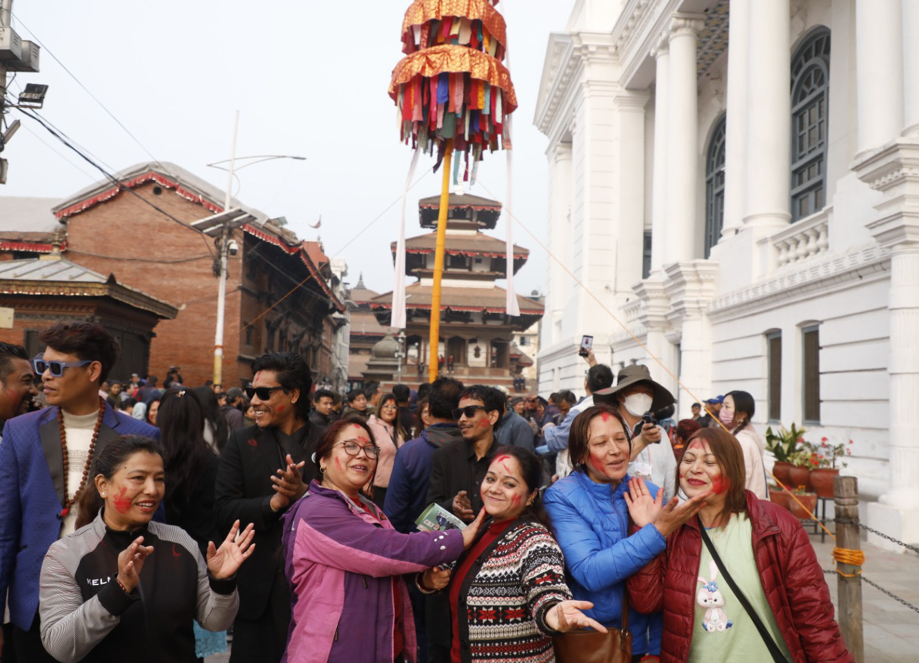 Ritualistic wooden pole with Chir erected at Basantapur, marking start of Holi festival