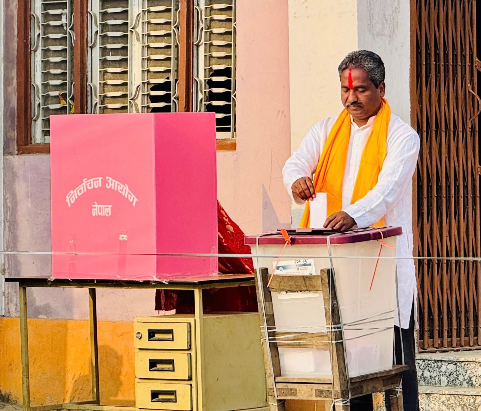Chairman of Janamat Party, CK Raut, votes in Saptari