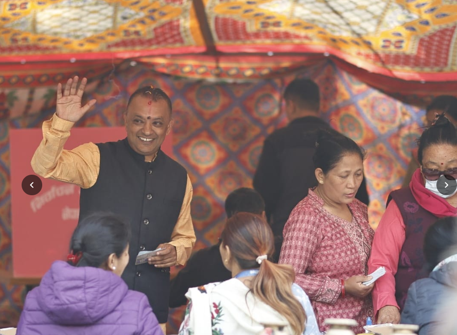 NC President Thapa casts his vote at Mayurkunda Polling Centre at Maitidevi