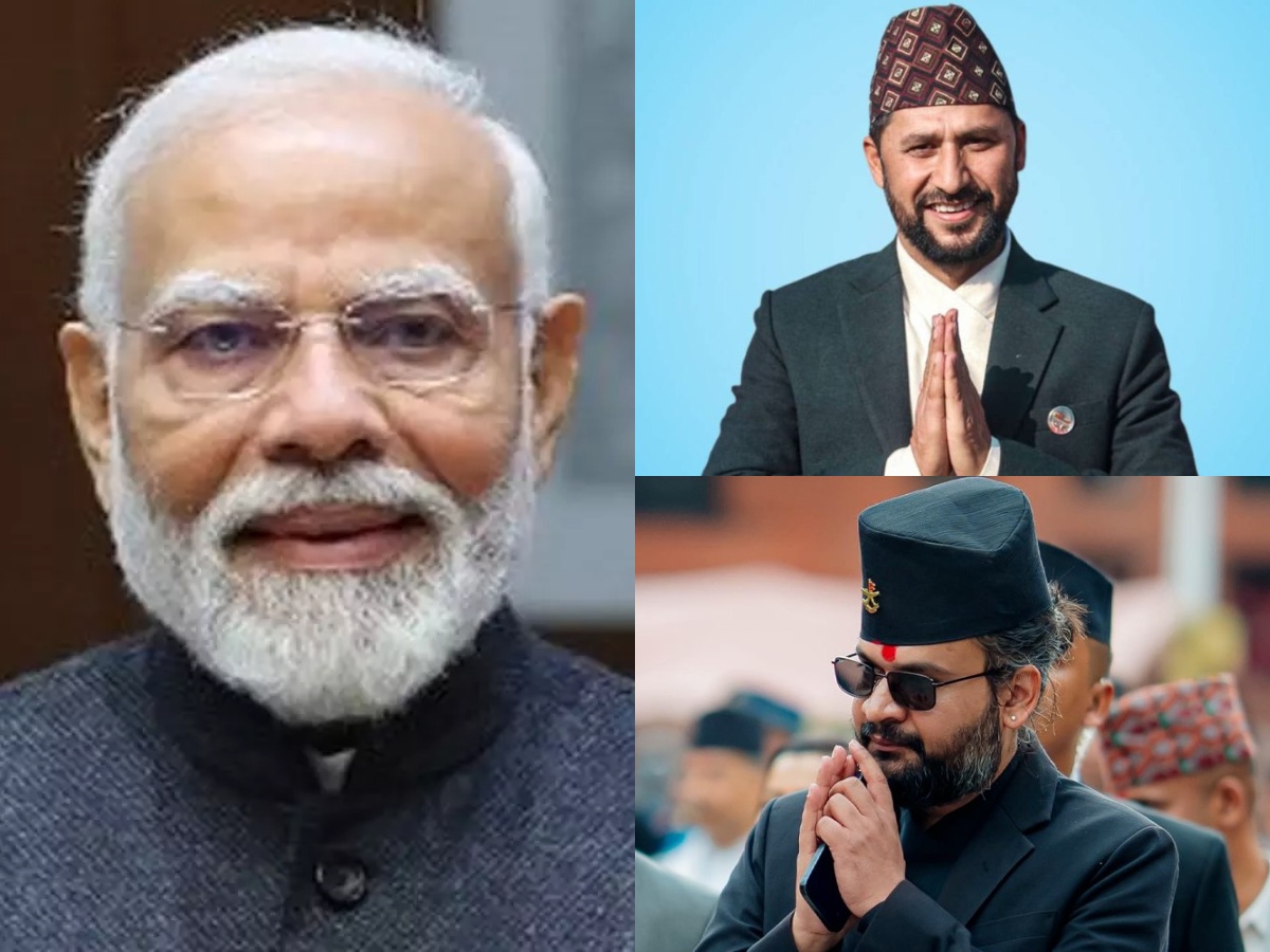 Indian prime minster Modi speaks with Rabi Lamichhane and Balen Shah after RSP election victory