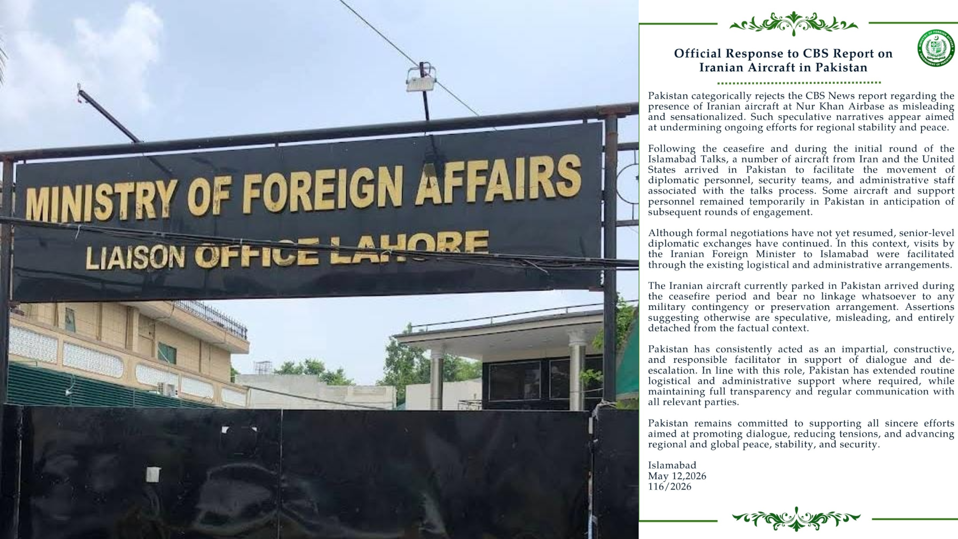 Pakistan rejects report on Iranian aircraft at airbase