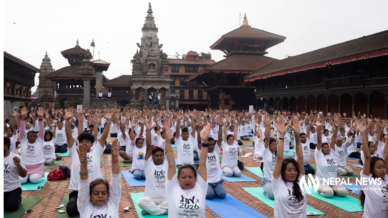 International Yoga Day: Group yoga practice held in Bhaktapur Durbar Square (Photo Feature)